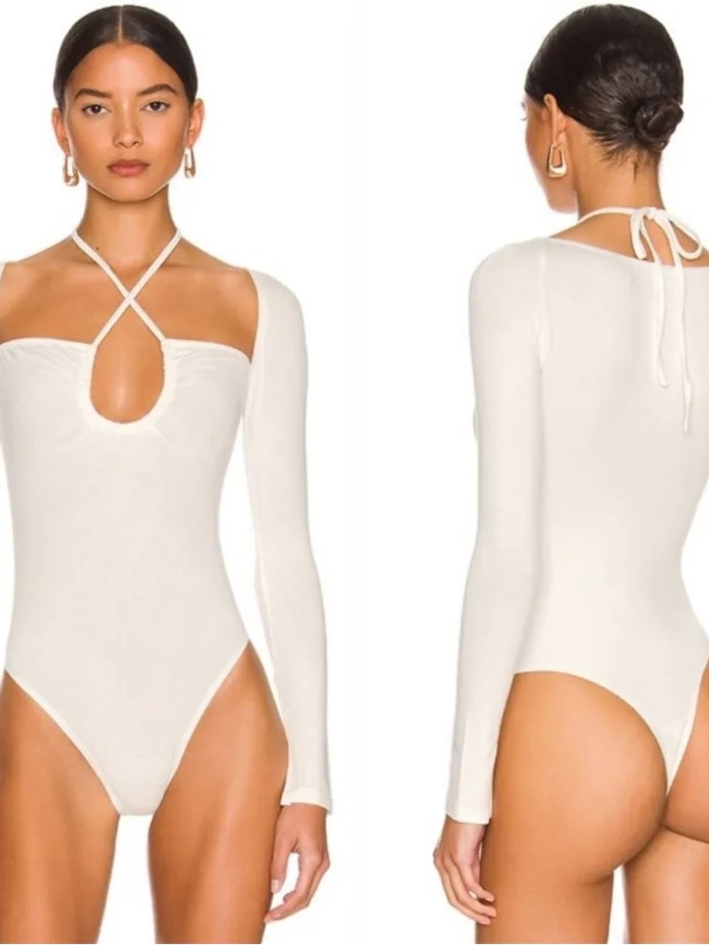 Superdown White Long Sleeve Halter Bodysuit